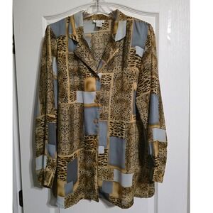 Magic Button Up Tunic Women's 1x Animal Print Patchwork Long Sleeve Collared Top